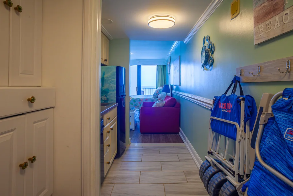 Beach cart and equipment ready in the studio hallway