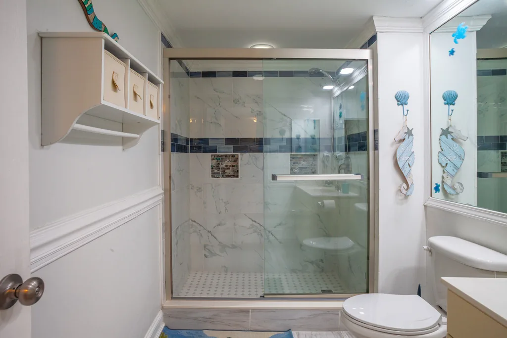 Walk-in shower in the studio bathroom